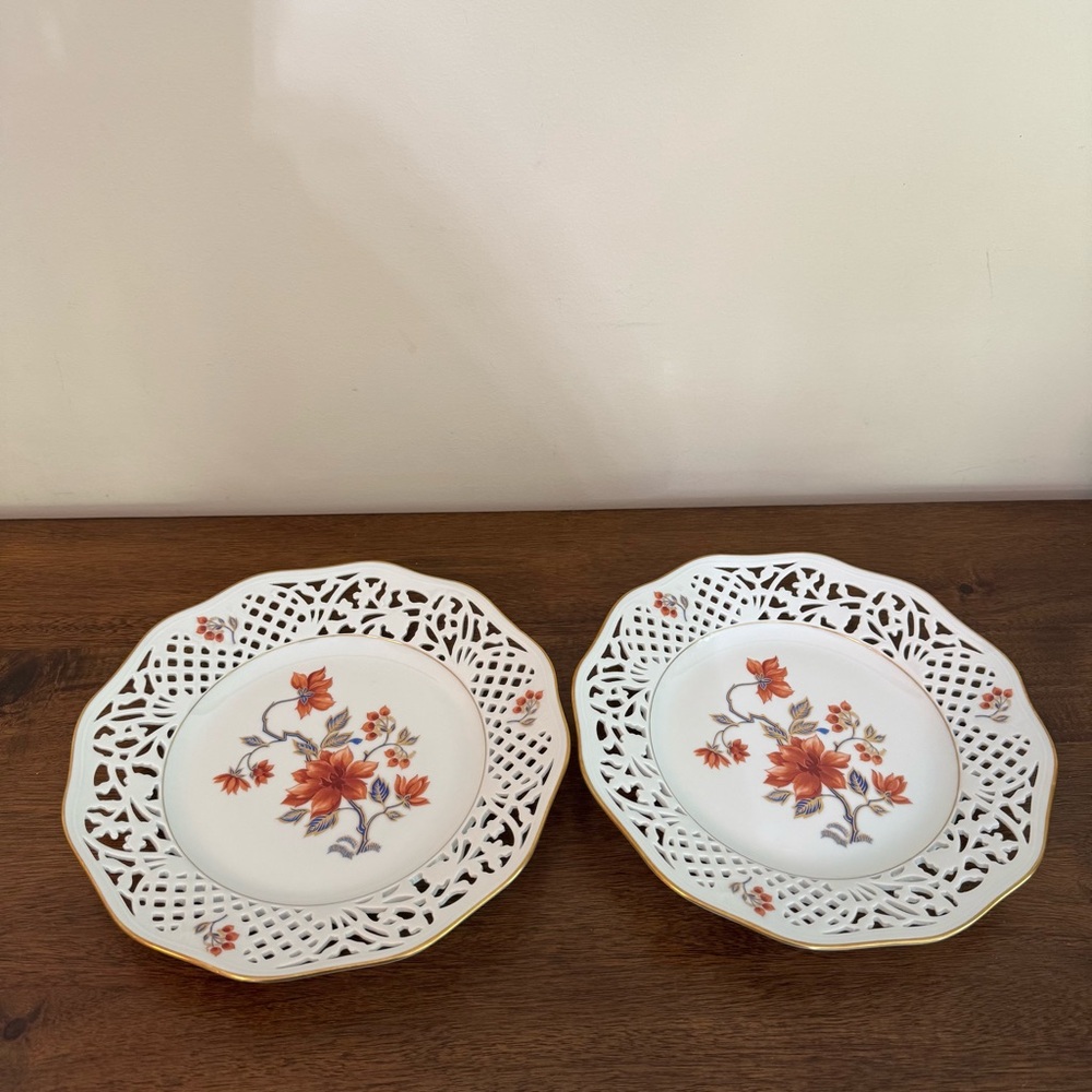 Schumann Bavaria Plate Lacey Reticulated 10" Multicolor Floral 1881 2 Pcs